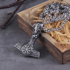 Nordic Vikings Mjolnir Necklace Stainless Steel Thor's Hammer Skull Helm Pendant