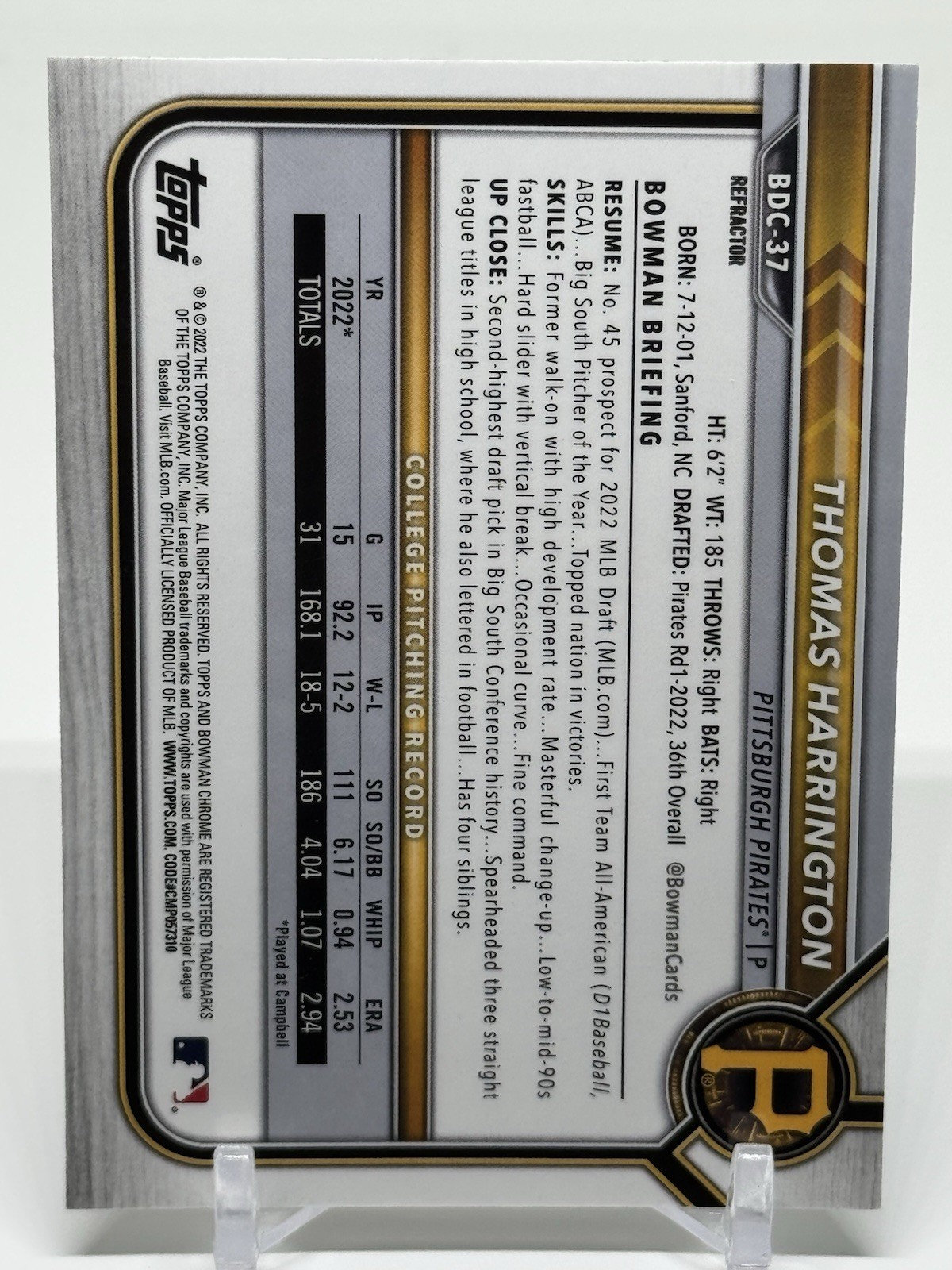 Thomas Harrington 2022 Bowman Refractor #BDC-37 Pittsburgh Pirates SIGNED Debut!