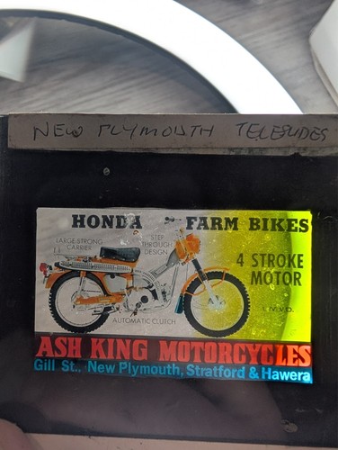 Vintage Honda Farm Bike Glass Slide Advertising Ash King Motorcycles NZ