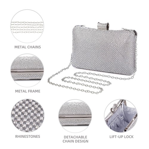 Women Clutch Evening Bag Chain Shoulder Bag Bridal Wedding Party Handbag Silver - Picture 5 of 10