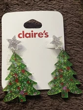 CLAIRES CHRISTMAS TREES POST/DROP SPARKLY EARRINGS STAR ON TOP OF TREE 🌲 NEW