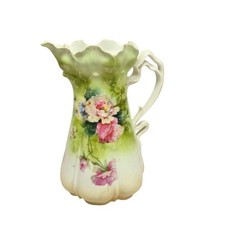 Antique Prussia Porcelain Pitcher Chocolate pot Hand-Painted Art Nouveau Handle