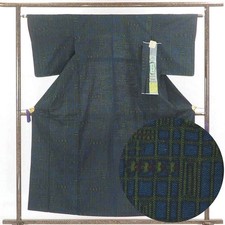 Recycled Tsumugi Silk Kimono, Navy Awase Lined, Women's M Rank A 