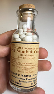 Antique William Warner Pill Bottle Sumbul Original Label St. Louis Missouri 1890