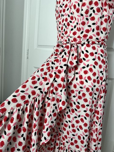 Talbots Womens Pink Red Floral Cascade Faux Wrap Ruffle Midi Dress Size 4 - Picture 11 of 17