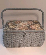 AZAR Vintage Woven Wicker Sewing Basket Box Tapestry Floral 12x7x7 With Handle