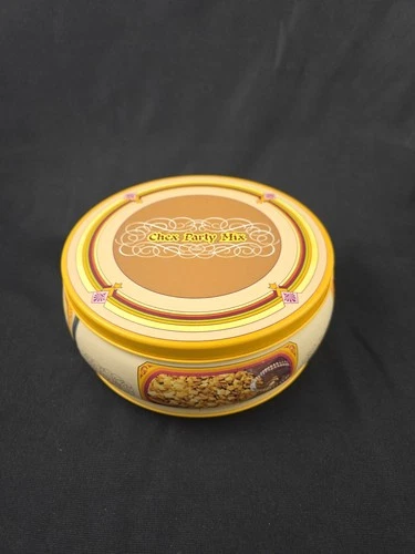 Vintage 8" Chex Party Mix 1980's Yellow Round Metal Canister Tin Four Seasons