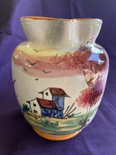 Italian Pottery Ceramic Handled 6&rdquo; Pitcher With Painted House And Sailboat