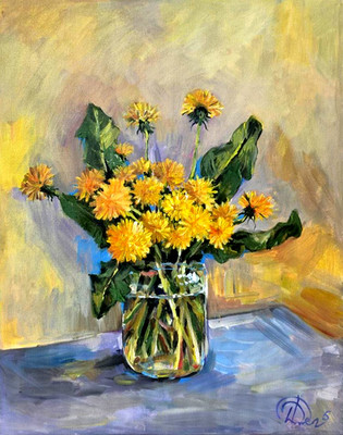 Author's PAINTING of SPRING STILL LIFE dandelions 50x40 cm