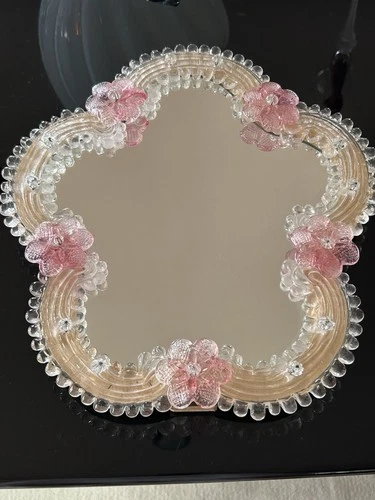 Murano Venetian Art Glass Mirror. Pink And White. Vintage. Flowers. Floral.