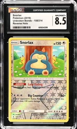 CGC 8.5 NM MINT + Snorlax 158/214 Reverse Holo Rare Unbroken Bonds 2019 Pokemon