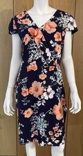 David Lawrence Dress 14 Navy Orange Cotton Floral Cap Sleeved Knee Length Lined