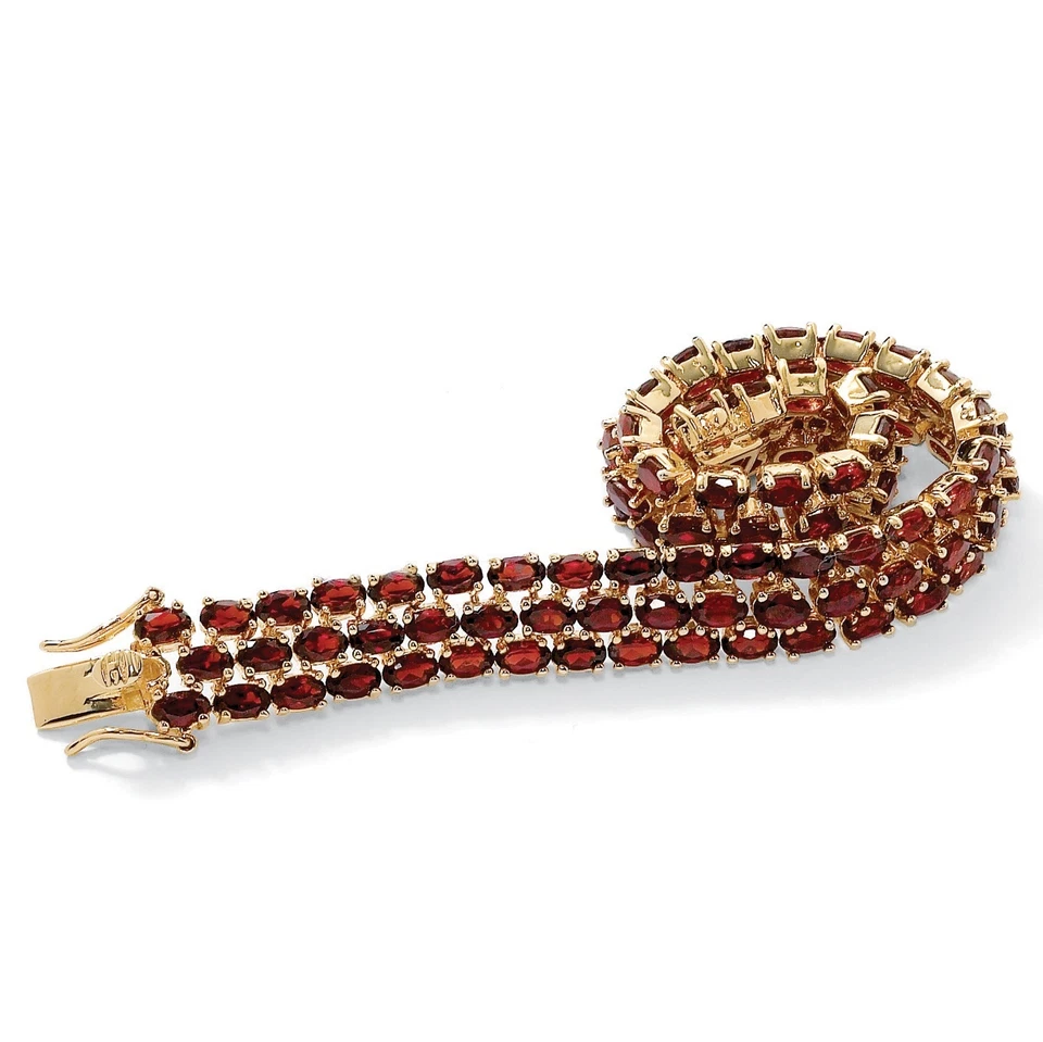 WOMENS 14K YELLOW GOLD GP TRIPLE ROW GARNET TENNIS BRACELET - Image 1 of 3