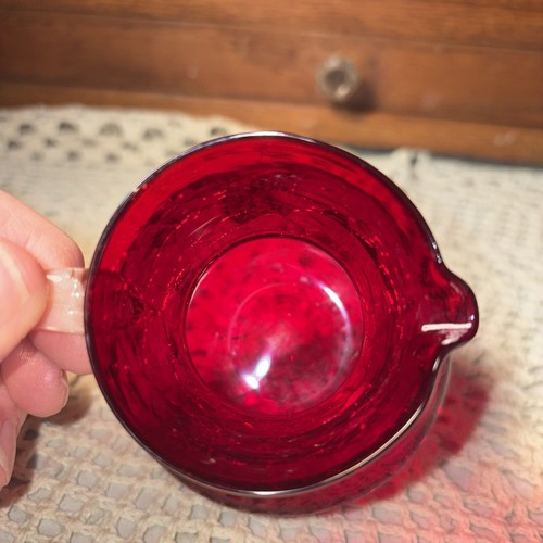 Vintage Pilgrim Glass Red Crackle Squat Pitcher, 3.25 Inch Applied Clear Handle - Picture 6 of 7