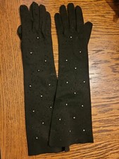 VTG Gimbels Womens Gloves Black Beaded Rhinestone Double Woven Prom Wedding Sz 7