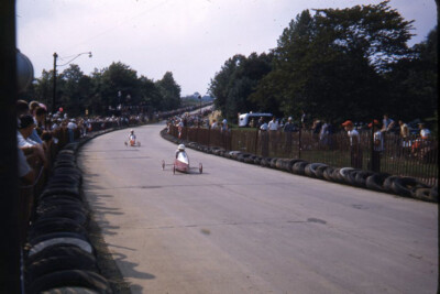 Kodak Slide 1950s Red Border Kodachrome Soap Box Derby Race Two Cars on Track
