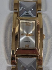 Silver Tone Dial Gold Tone Rectangle Band Shimmery Band Watch