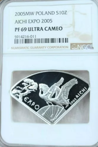 2005 POLAND SILVER 10 ZLOTYCH AICHI EXPO 2005 NGC PF 69 ULTRA CAMEO BEAUTIFUL
