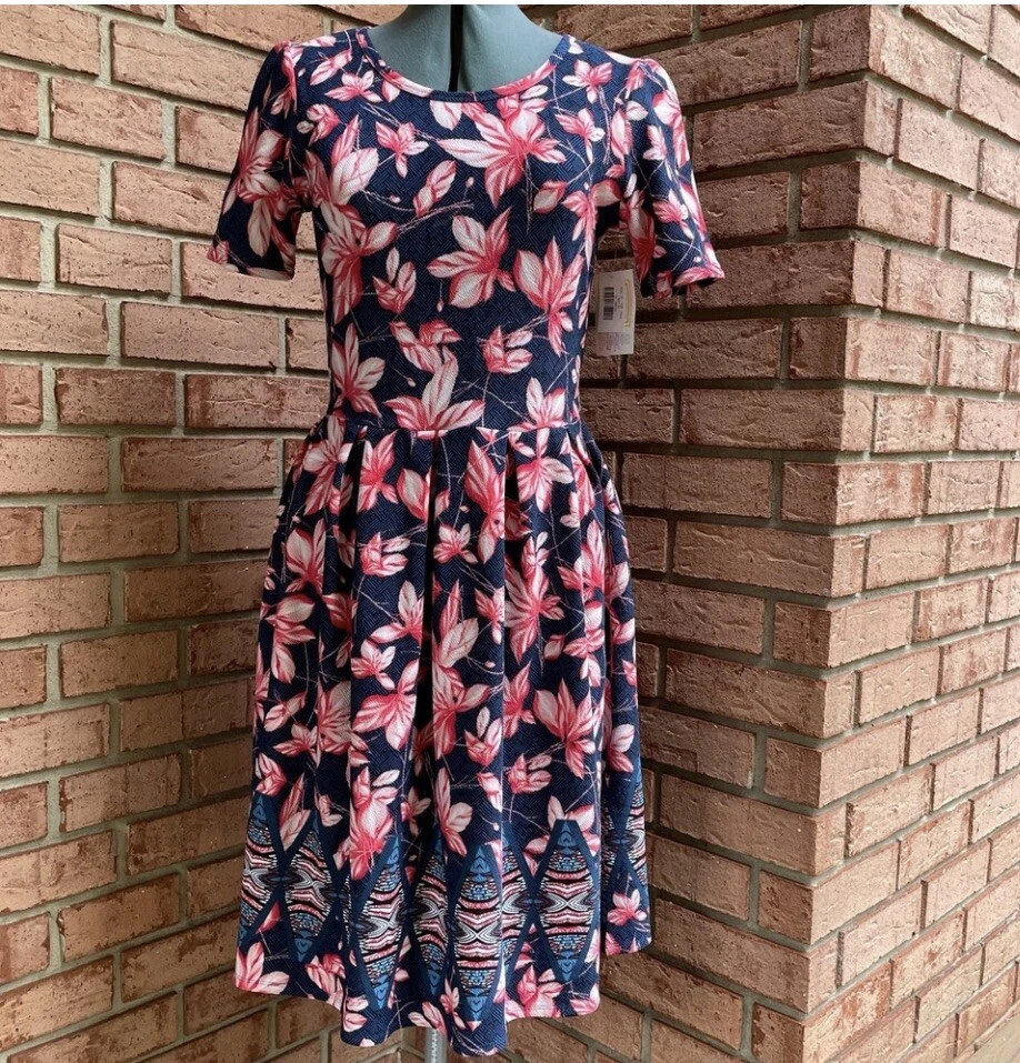 LuLaRoe Amelia Dress Green & Pink w/ Pockets Pleaded Zip Up Back Size XL