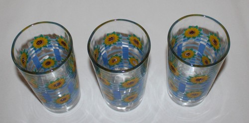 3 Glas Becher FIRNA Indonesien gelbe Blumen auf blauem Gitter 5-5/8" TOP - Bild 2 von 10
