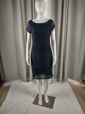 banana republic navy blue lace dress Banana Republic Navy Lace Stretch Shift Dress – Boatneck Fitted Knit – Size  S