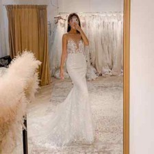 Elegant Mermaid Wedding Dresses Straps Lace Applique Beach Bridal Gowns Train