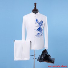 Mens Chinese Tunic Embroidered Dragon Print Formal Wedding Jacket Set