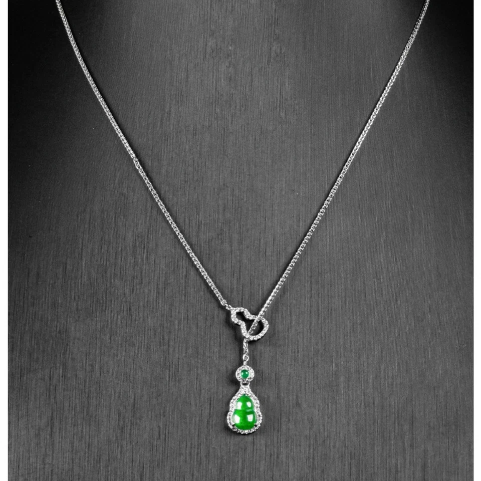 Natural Green Calabash Pendent S925 Silver Inlay Jade Women Gourd Chain Necklace Foto 2 de 4