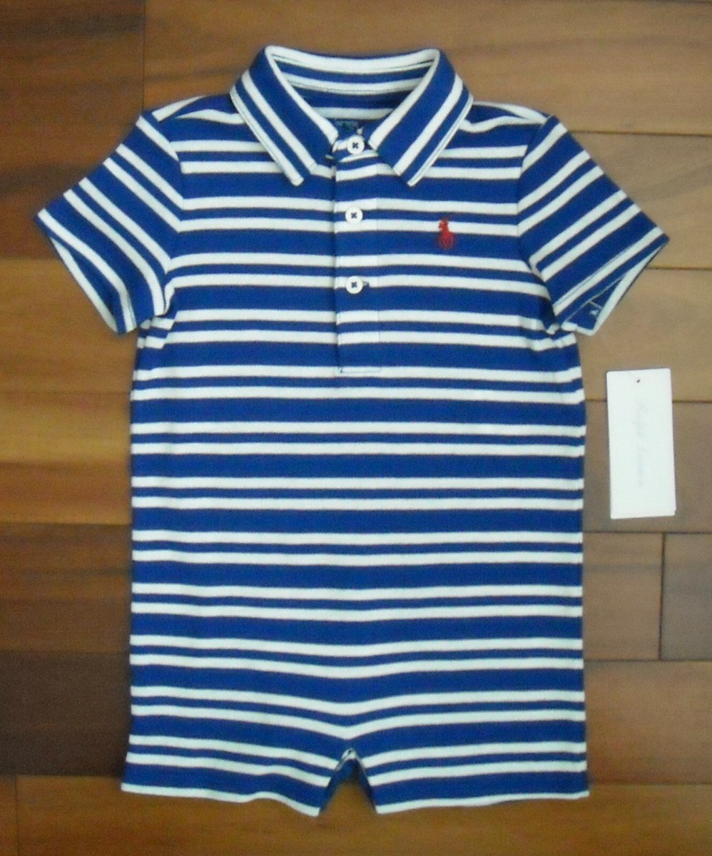NWT Ralph Lauren Baby Boy's Striped Shortall Romper Size 9M Blue/White $35