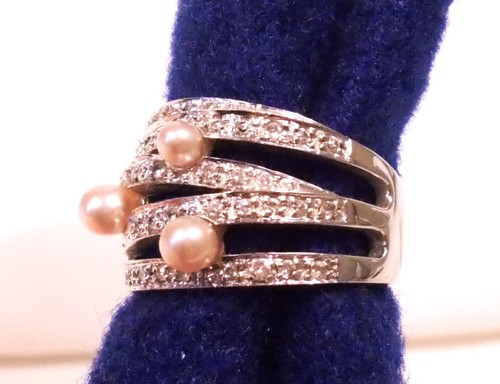 Sterling Silver Multi Band Cocktail Ring in Faux Pink Pearls & Rhinestones Sz 8 - Picture 2 of 3