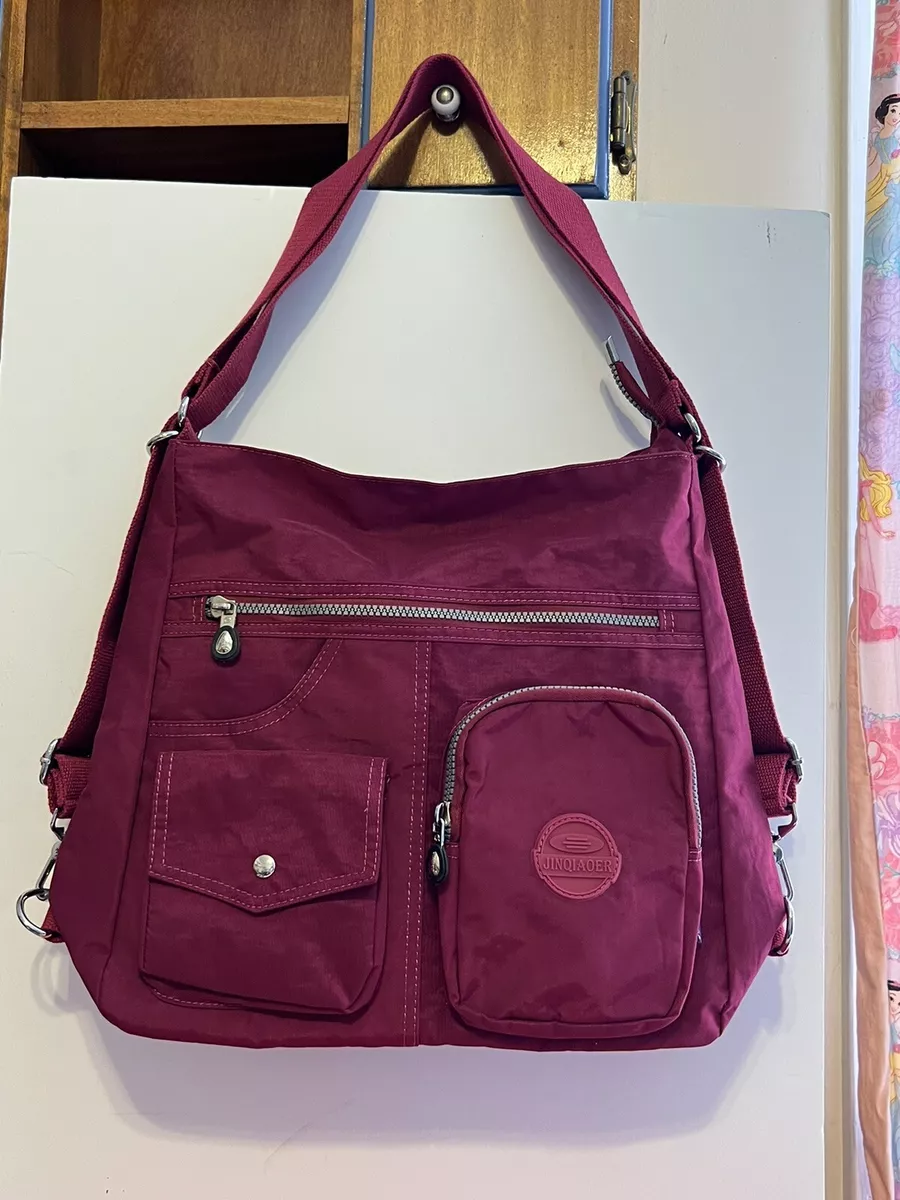 Jinqiaoer Burgundy Nylon convertible Backpack Tote Bag Zip Top lots of pockets