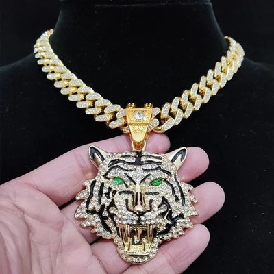 Iced Out Tiger Head Pendant Chain Silver Cuban Link Hip Hop Necklace Bling
