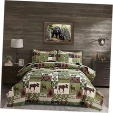 Rustic Quilt Set Queen Size Country Patchwork Queen/Full Olive Green Bear