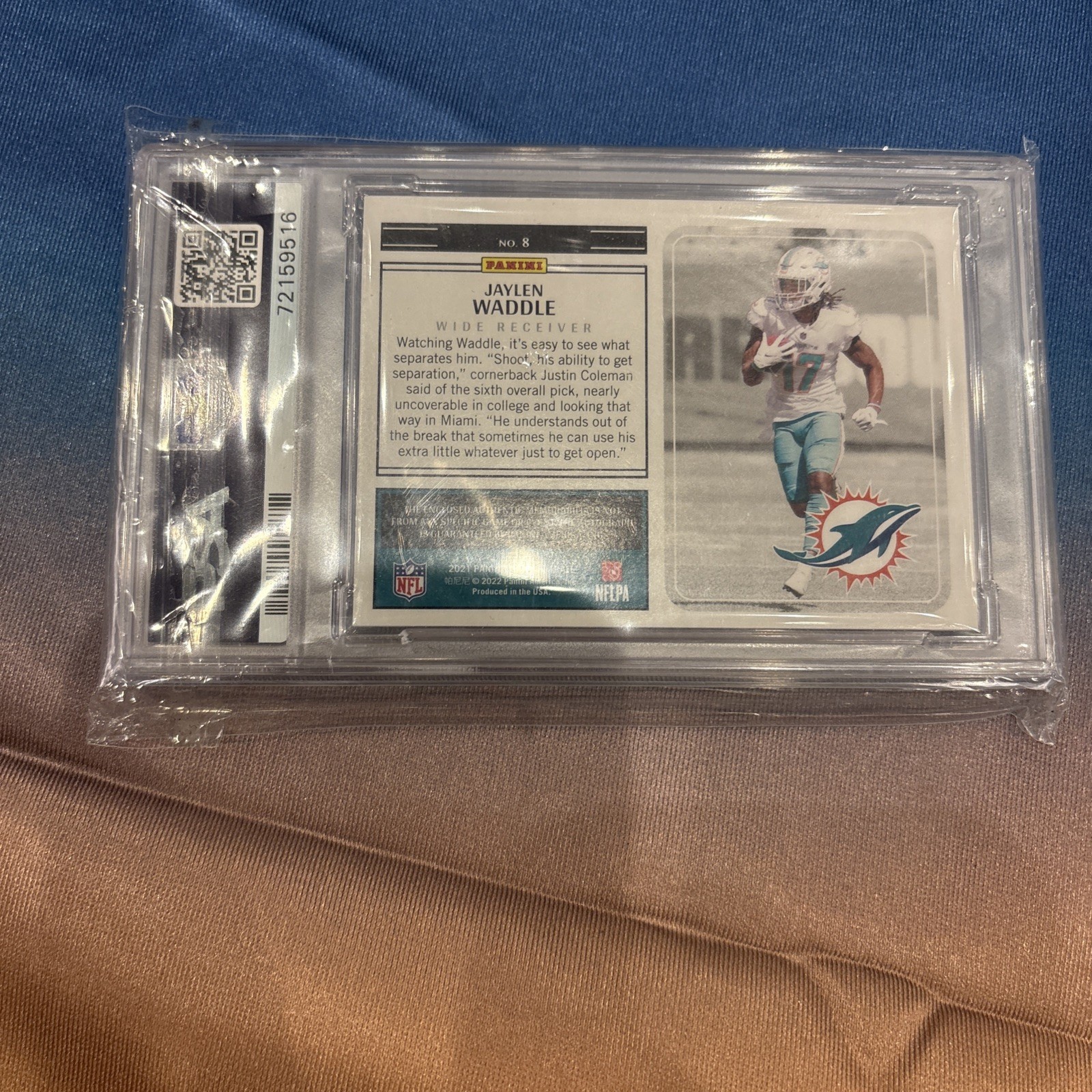 2021 Panini One Football GOLD /10 Jaylen Waddle Color Rookie Patch Auto PSA 8 view 2