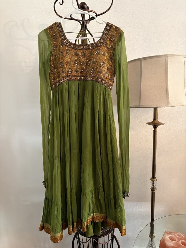 Green & gold embroidered dress and matching pants size small with gold beaded