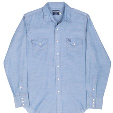 VINTAGE WRANGLER PEARL SNAP BUTTON CHAMBRAY SHIRT 1980S SIZE 16 X 35 MADE IN USA