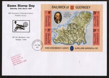 Guernsey 1987 Flown Cover to Essex Stamp Day Rayleigh Essex