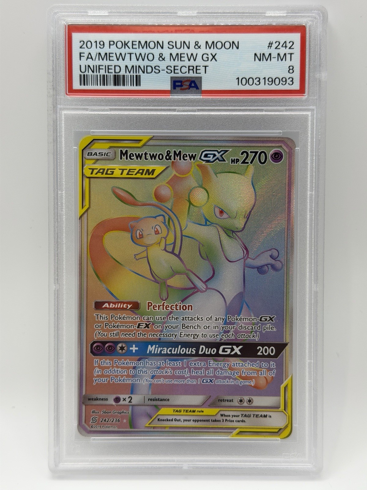 Mewtwo & Mew GX 242/236 Unified Minds Secret Rare PSA 8