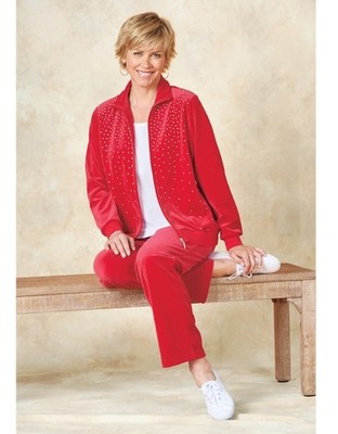 Size 2X Essentials Fall Winter Red Velour Active Pant Set w/ Rhinestones