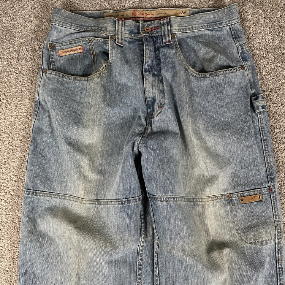 Винтажные мужские джинсы Pepe 34x30 выцветшие мешковатые широкие штанины джинсовая ткань Y2K Skater Raver ЧИТАЙТЕ - Изображение 3 из 4