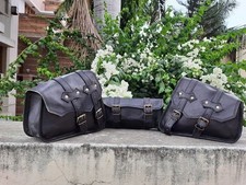Real Black Leather COMBO Motorcycle Saddle Bag Panniers Tool Pouch Side Bag