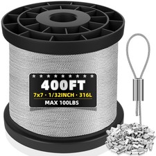316 Stainless Steel Cable 400FT 1/32IN Wire Rope with 100Pcs Aluminum Sleeves...
