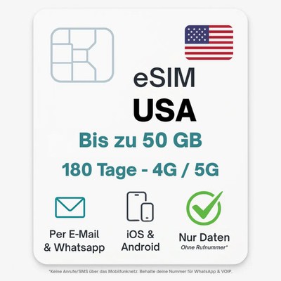 Vereinigte Staaten eSIM (USA) Datentarif digitale e SIM - per Mail- ohne Tele...