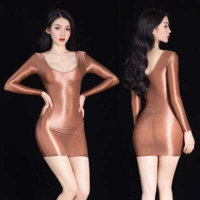 Damen Glänzend Durchsichtig Bodycon Minikleid Elastisch Nylon Partykleid Dessous