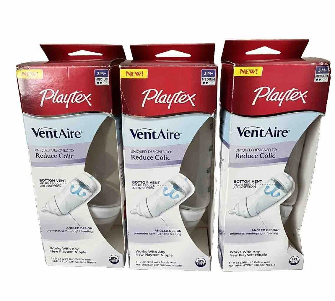 3 New Playtex Baby Bottle VentAire Anti Colic 9 oz Bottle 3 M+ Medium W/Nipple