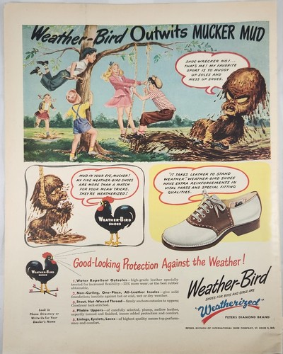 1946 Weather Bird Shoes boys and girls Vintage ad outwits mucker mud