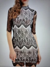 Vin Beauty Women Medium Half Sleeve Open Back Lace Bodycon Sheath Dress Black