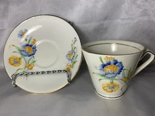 Cup & Saucer Set, Orange & Blue Gold Rimmed