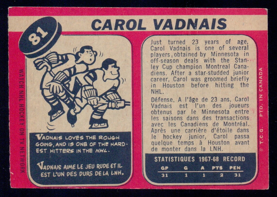 1968-69 OPC O PEE CHEE HOCKEY #81 Carol Vadnais EX+ Oakland Golden Seals Card - Image 2 of 2