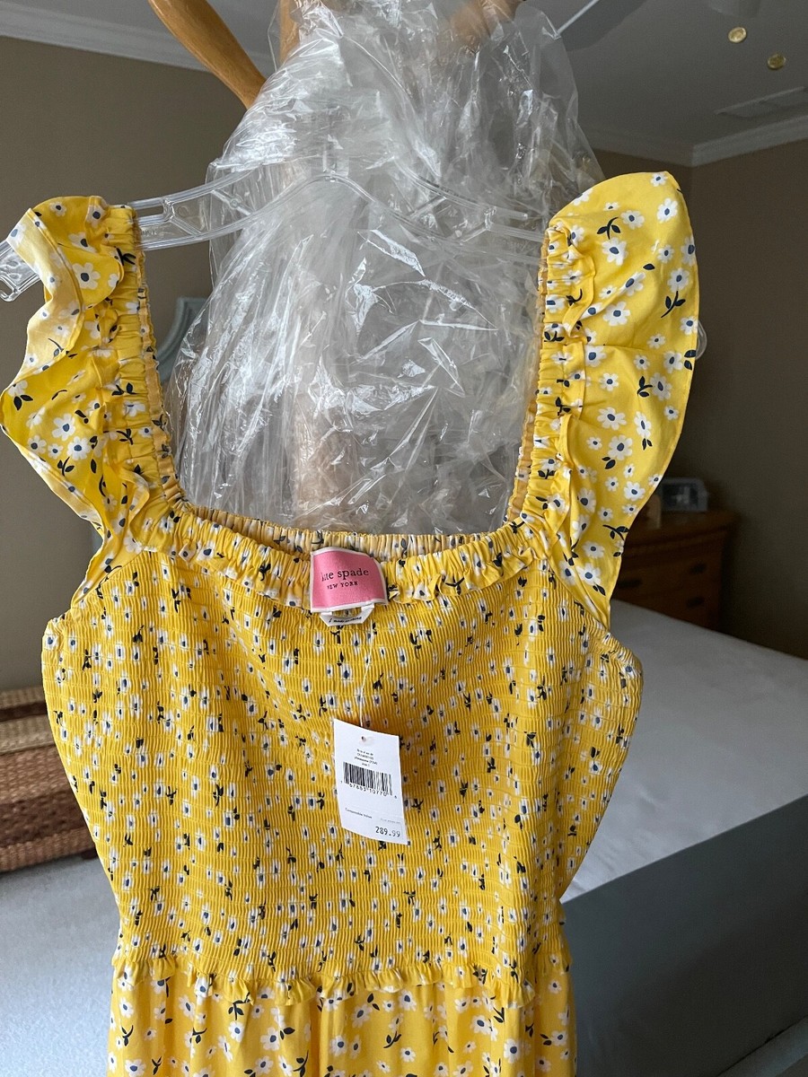 New Kate Spade Fleurette Toss Smocked Dress Yellow Floral Sz